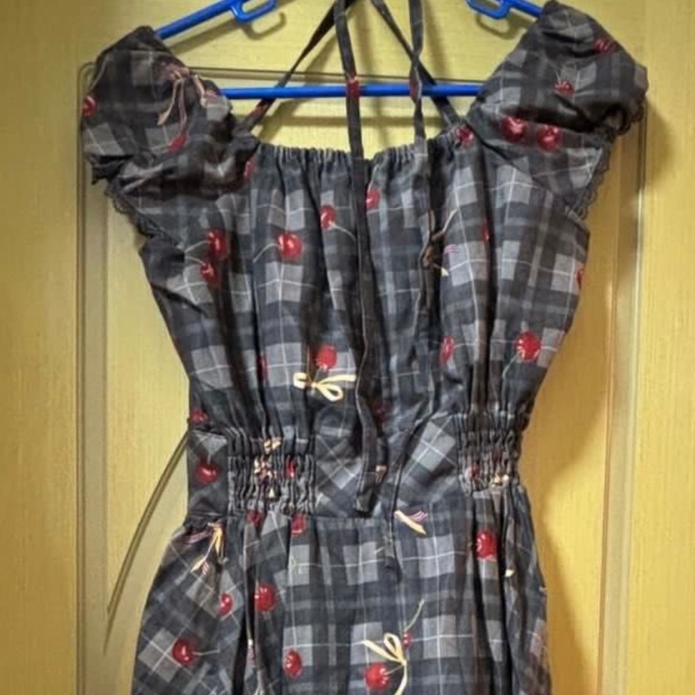 Secret Honey Grey checked cherry print dress